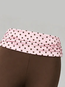 SHEIN 青少年女孩時尚波點印花腰帶拼接極簡休閒 2000年代黑色修身喇叭腿長褲 假期校園棕色秋季 - 棕色 - 查看 4