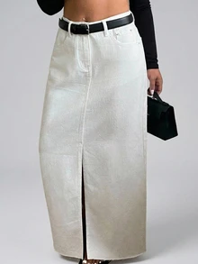 Dazy Plus Spring Summer Autumn New High Waist Solid White Front Slit Frayed Hem Straight Leg Slim Fit Cotton Denim Skirt - White - View 4