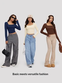 SHEIN BASICS 3件組女款純色針織長袖修身方領短版T恤，夏季服飾 - 彩色 - 查看 9