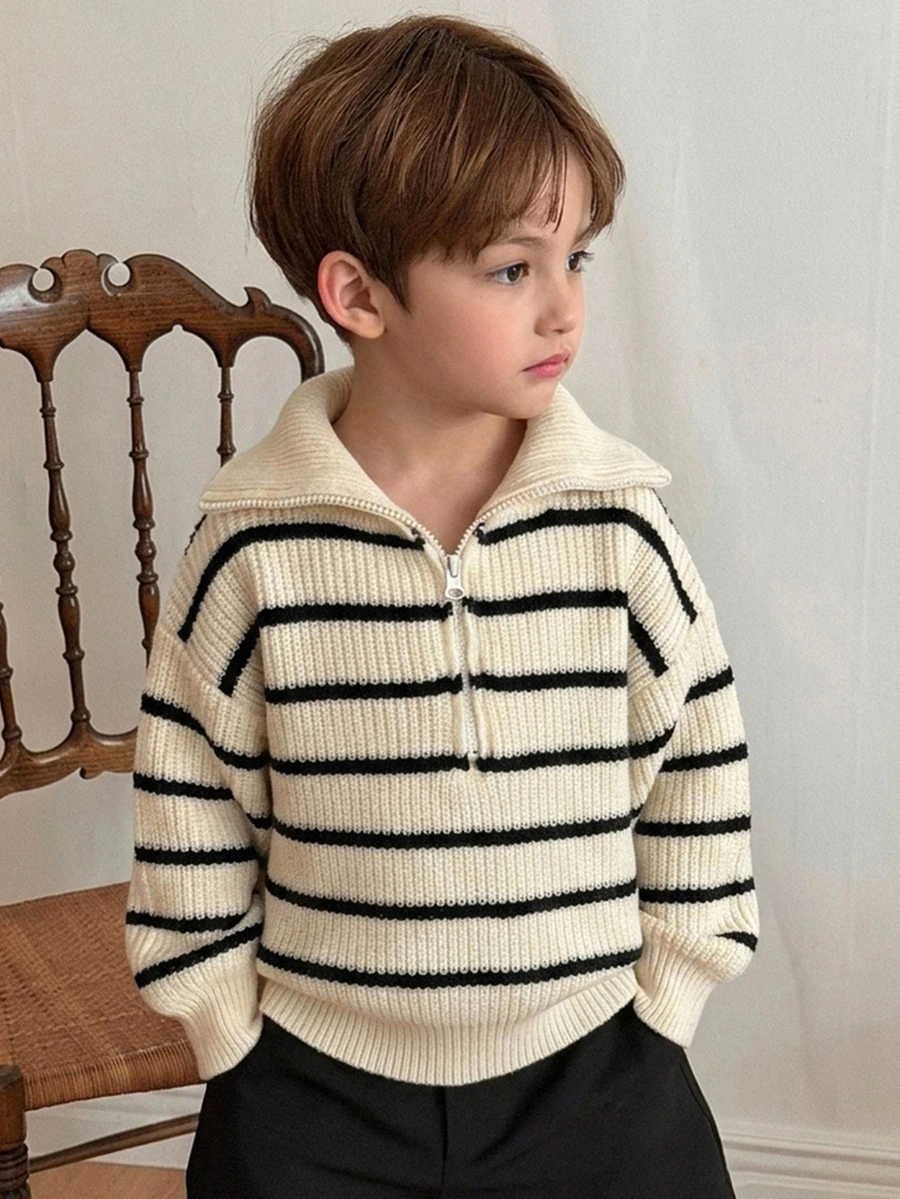 DAZY Young Boy Autumn/Winter Casual Colorblock Striped Sweater - Beige - View 1