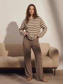 Livesso Women's Striped Colorblock Long Sleeve Top And Casual Long Pants Pajama Set Fall - Khaki - View 3