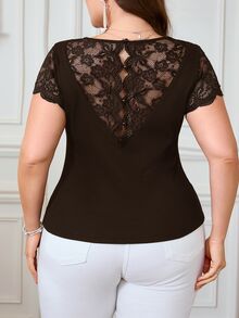 SHEIN Clasi 女款大尺碼法式蕾絲拼接時尚T恤 - 咖啡棕 - 查看 8