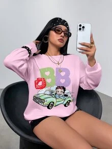 Betty Boop x SHEIN Plus Size Women's Letter Print Crew Neck Long Sleeve Casual Sweatshirt - White - View 1