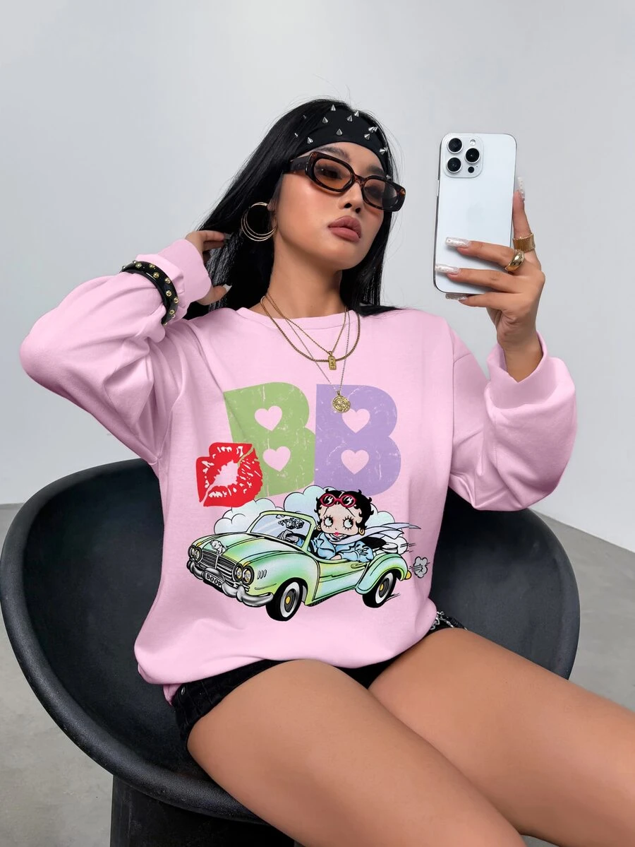 Betty Boop x SHEIN Plus Size Women's Letter Print Crew Neck Long Sleeve Casual Sweatshirt - White - View 1