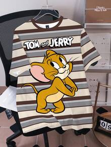 TOM & JERRY X SHEIN 大尺碼夏季休閒拼色條紋卡通印花T恤 - 白色 - 查看 1