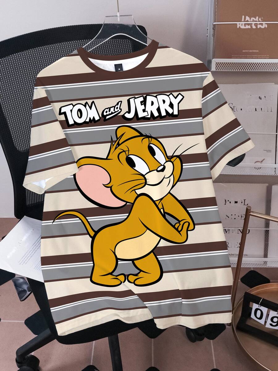 TOM & JERRY X SHEIN 大尺碼夏季休閒拼色條紋卡通印花T恤 - 白色 - 查看 1