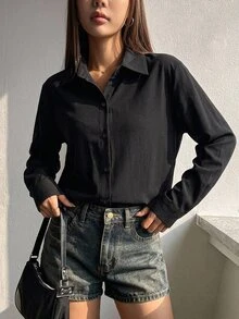 DAZY 休閒百搭純色長袖女款襯衫 - 黑色 - 查看 5