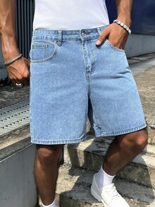 GALLERY FADE Men's Fashion Street Button Pocket Denim Shorts - Blue - View 3