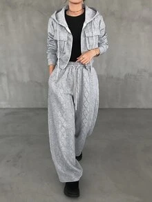 FRIFUL Damen 2er Set Reißverschluss Langarm Kapuzenpullover und Hose mit Kordelzug Taille und Taschen - Grau - Übersicht 4