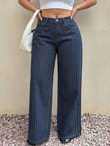 Dazy Plus Plus Size Women's Striped Button Pocket Casual Versatile Everyday Denim Jeans Fall - Dark Wash - View 5