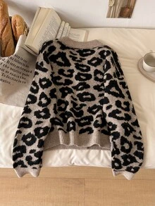 CosyJoli Women's Versatile Vintage Leopard Print Button-Up Knit Cardigan - Khaki - View 2
