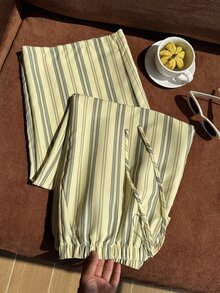 Comfortcana 大尺碼女款春夏條紋寬腿褲附腰部綁帶 - 淡黃色 - 查看 3