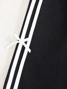 SHEIN 少女對比條紋蝴蝶結裝飾長褲 - 黑色 - 查看 4