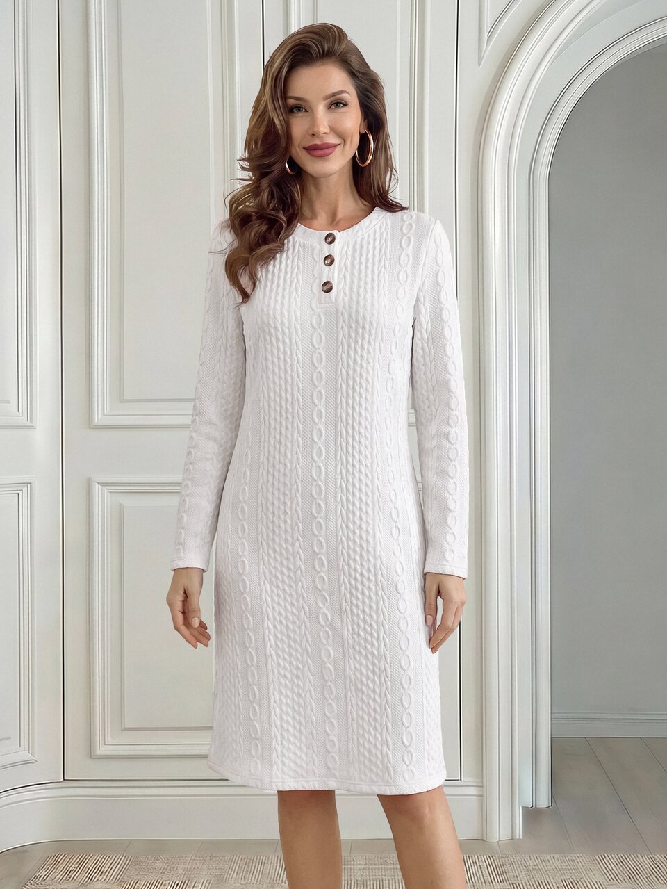 Elegant Casual Business, Striped Button Up, Midi Sweater Dress, Texture Knit White, Slim Fit Long Sleeve, Office Work Party, Fall Winter