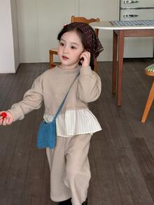 DAZY Infant (Girl) Round Neck Long Sleeve Colorblock Patchwork Korean Style 2 Pieces Sweatshirt Set Fall - Apricot - View 10