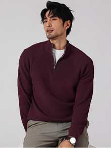 Manfinity Homme 男士純色半拉鍊長袖休閒毛衣 - 酒紅色 - 查看 1