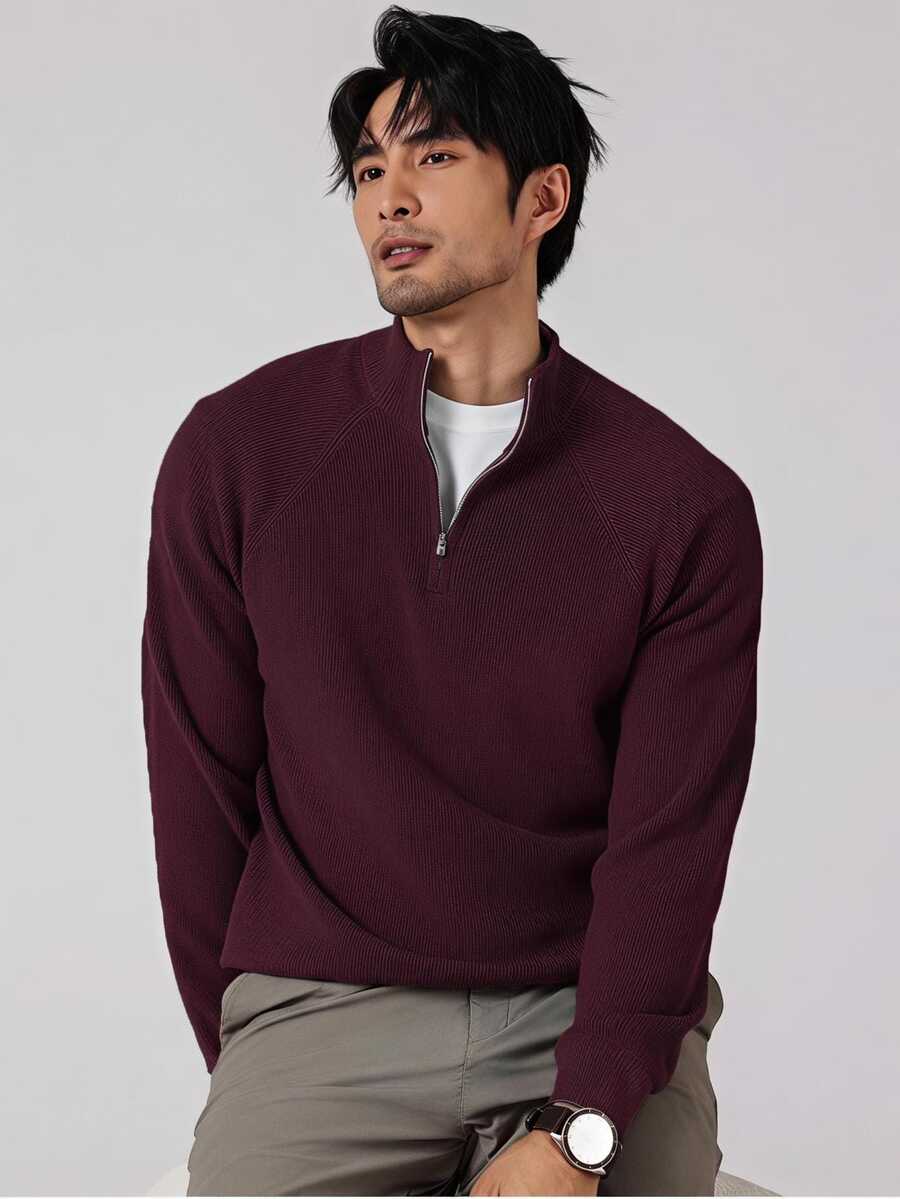 Manfinity Homme 男士純色半拉鍊長袖休閒毛衣 - 酒紅色 - 查看 1