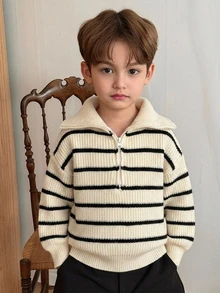DAZY Young Boy Autumn/Winter Casual Colorblock Striped Sweater - Beige - View 5