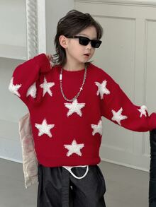 Dazy Kids Young Boy Star Loose Crew Neck Pullover Casual Long Sleeve Autumn/Winter Sweater - Red - View 3