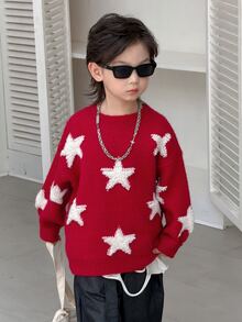 Dazy Kids Young Boy Star Loose Crew Neck Pullover Casual Long Sleeve Autumn/Winter Sweater - Red - View 5