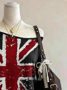 Lalippa 女款復古做舊米字旗印花露肩短袖T恤，休閒寬鬆Y2K街頭風上衣 - 彩色 - 查看 3