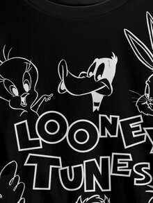 LOONEY TUNES X SHEIN Áo thun nam cổ tròn tay ngắn in chữ và hoạt hình phong cách thường ngày - trắng - Xem 4