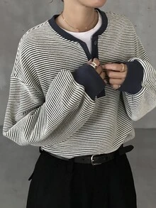 FRIFUL 女款半開襟鈕扣長袖條紋休閒T恤 秋季 - 藍色 - 查看 2