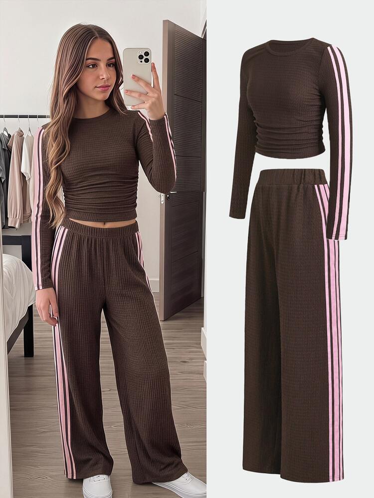 SHEIN Teen Girls Spring Autumn Brown Knitted Textured Fitted Ruched Crew Neck Pink Ribbon Trim Long Sleeve T-Shirt And Wide Leg Pants 2 Pieces Set, Suitable For Autumn Winter Layering - Brown - View 1