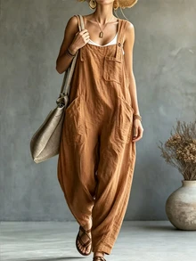 Glimmora Women's Fashion Solid Color Button Strap Pocket Jumpsuit - Yellow - View 5