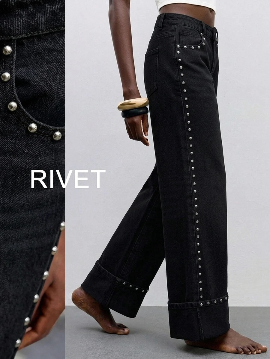 Maija Celana Jeans Wanita Model Lurus dengan Hiasan Manik-Manik - Hitam - View 1