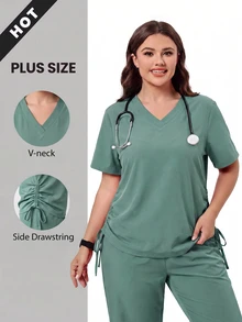 TaskEZ Atasan Seragam Medis Wanita Ukuran Besar Warna Hijau Rumput, Leher V, Lengan Pendek, dengan Detail Kerut dan Tali Serut untuk Memperampingkan Tubuh, serta Desain Hem Melengkung - Hijau - View 1