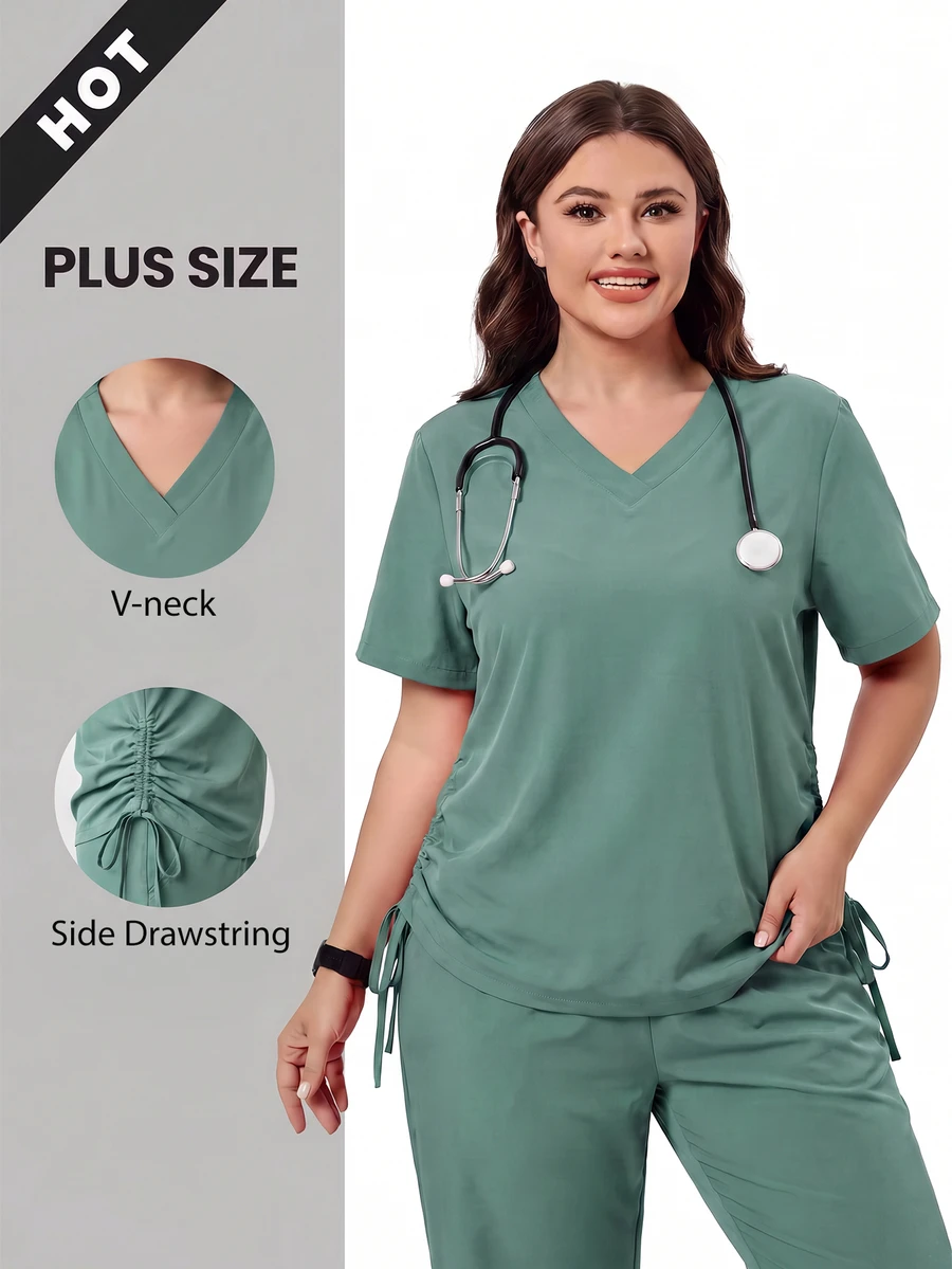 TaskEZ Atasan Seragam Medis Wanita Ukuran Besar Warna Hijau Rumput, Leher V, Lengan Pendek, dengan Detail Kerut dan Tali Serut untuk Memperampingkan Tubuh, serta Desain Hem Melengkung - Hijau - View 1