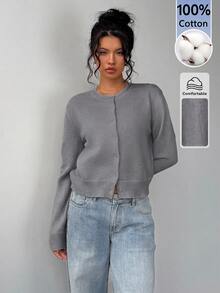 SHEIN BASICS 女款秋冬休閒純色開襟羊毛衫 - 深灰色 - 查看 3
