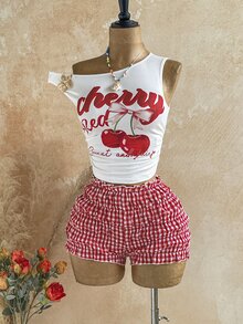 Soleia Plus Size Sexy Asymmetrical Shoulder Metal Flower Decor Top And Plaid Ruffle Hem Shorts 2 Pieces Set - Red - View 6