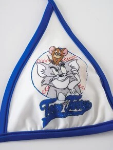 TOM & JERRY X SHEIN Women's Cartoon Print Bikini Swimwear Cover Up Skirt Set Beach Blue And White White Cute - Blue and White - View 6