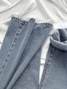 SHEIN 青少年女孩腰部繫帶寬腿寬鬆牛仔長褲 - 淺色水洗藍 - 查看 7