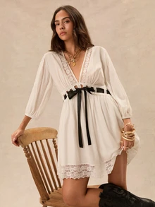 Easelle Women's French Lace Patchwork Hollow Sweet Romantic Boho Elegant Tie-Up Dress Vacation White Black Lace Fall Garden Party Brunch Tea Party - White - View 3