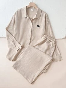 SHEIN 青少年女孩秋季新款杏色刺繡小馬圖案休閒極簡寬鬆長袖上衣與長褲套裝 - 杏色 - 查看 3