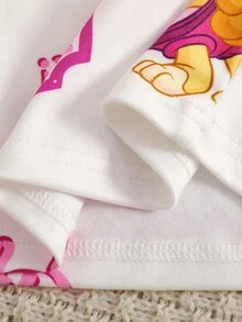 SHEIN | PAW Patrol 聯名 IP 主題幼女幼童全印花對比領設計修身高彈力面料長袖長褲兩件式居家服套裝 - 粉色 - 查看 6