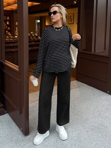 SHEIN Quần jean denim bầu dáng rộng thoải mái đa năng - màu đen - Xem 4