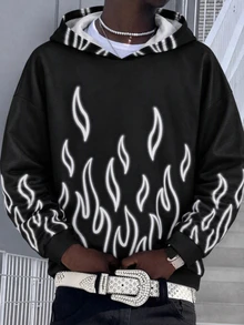 SHEIN 青少年男孩休閒街頭風連帽衫，螢光發光火焰圖案，適合秋季 - 黑色 - 查看 4