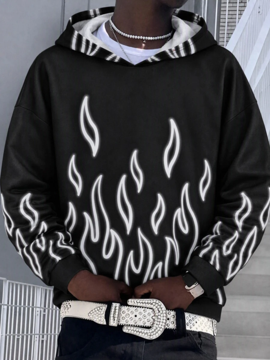 SHEIN Teen Boy Casual Street Style Hoodie With Glow-In-The-Dark Flame Pattern; Suitable For Autumn And Winter, Back-To-School Season - Black - View 1