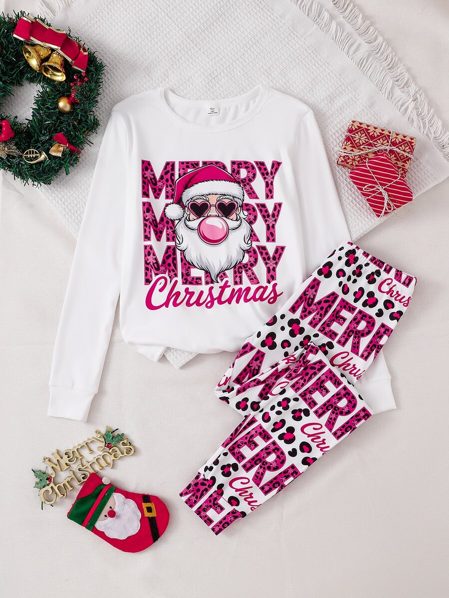 SHEIN Piyama Natal Musim Gugur/Dingin untuk Remaja Perempuan, 2 Potong, Pas Badan, Lengan Panjang dan Celana, Motif Huruf - Putih - View 1