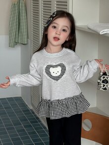 DAZY Sweatshirt Bayi Perempuan (Leher Bulat) Lengan Panjang Motif Kotak-kotak Patchwork Musim Gugur - Grey - View 6
