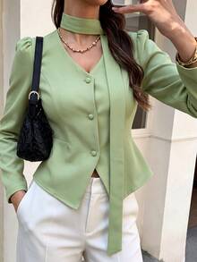 Modelyn Kemeja Hijau Kancing Depan Leher V Musim Semi/Gugur, Atasan Kerja Hijau Sage Musim Gugur/Dingin, Blus Elegan Modern Wanita, Atasan Berkelas, Atasan Kerja Hijau Sage - Hijau - View 2
