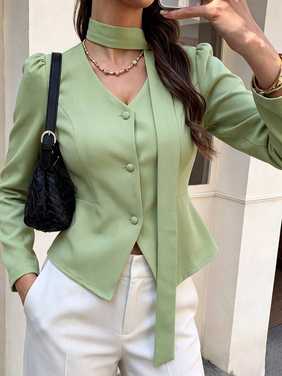 Modelyn Kemeja Hijau Kancing Depan Leher V Musim Semi/Gugur, Atasan Kerja Hijau Sage Musim Gugur/Dingin, Blus Elegan Modern Wanita, Atasan Berkelas, Atasan Kerja Hijau Sage