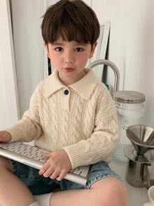 DAZY Atasan Sweater Rajut Tebal Longgar Kasual Musim Gugur/Dingin untuk Anak Laki-laki (Ukuran Kecil), Kerah Lipat, Gaya Dasar Aprikot - Aprikot - View 7
