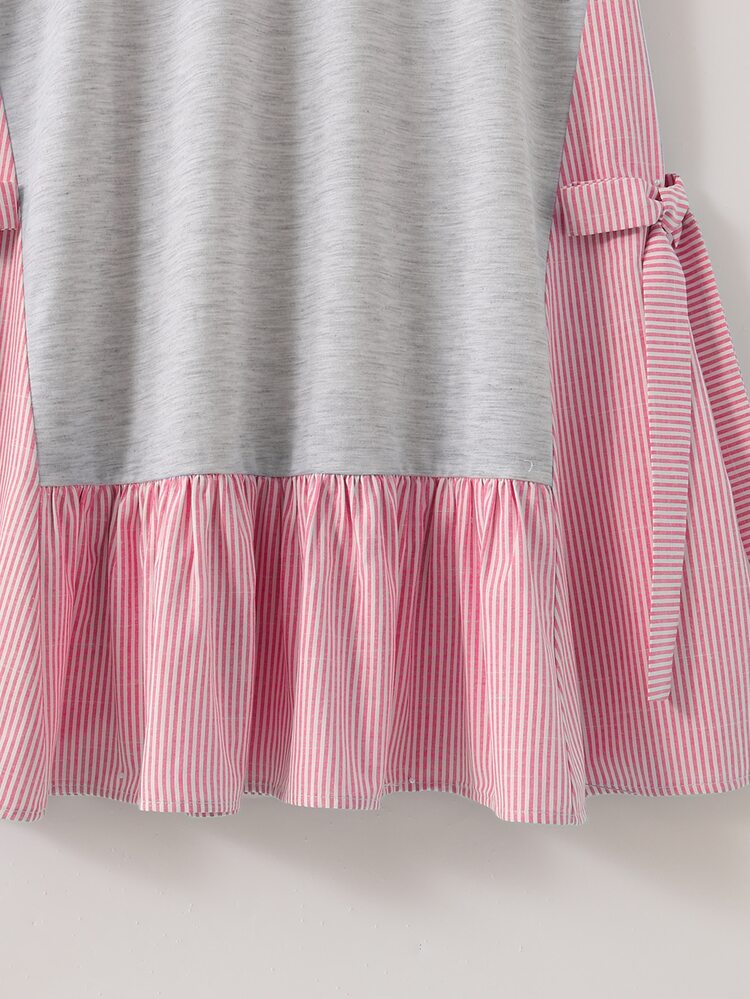 SHEIN Tween Girl Bow Print Kids Patchwork Striped Ruffle Hem Dress - Pink - View 4