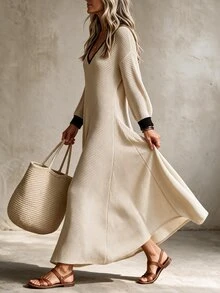 Breezaya Vacation Casual Long Knit Dress Brunch Vacation Vacation Black And Beige Autumn - Apricot - View 4