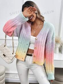 EMERY ROSE Women's Dropped Shoulder Long Sleeve Fluffy Yarn Blend Knit Cardigan - Pink - View 3
